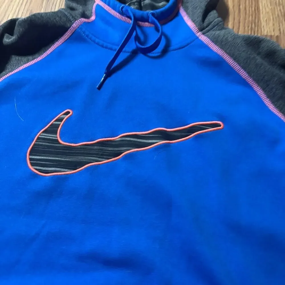 Nike Hoodie Boys Blue Gray Large Therma-FIT Orange Swoosh Athletic Pullover